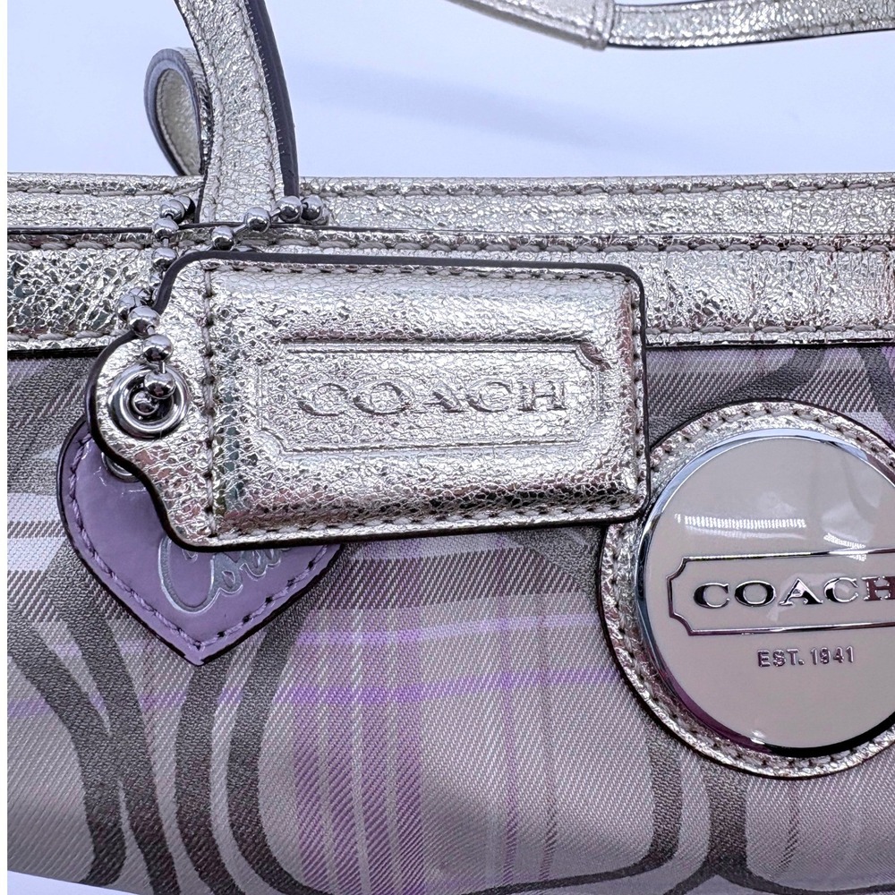 Coach Heritage Plaid Signature C Tote Bag Metallic Gold Lavender F17474 - Picture 8 of 11